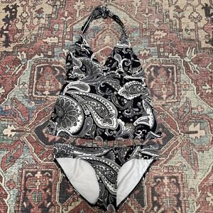 Lands' End Swimsuit Tankini Set‎  Black /Gray Paisley Size 4 Top 6 Bottom